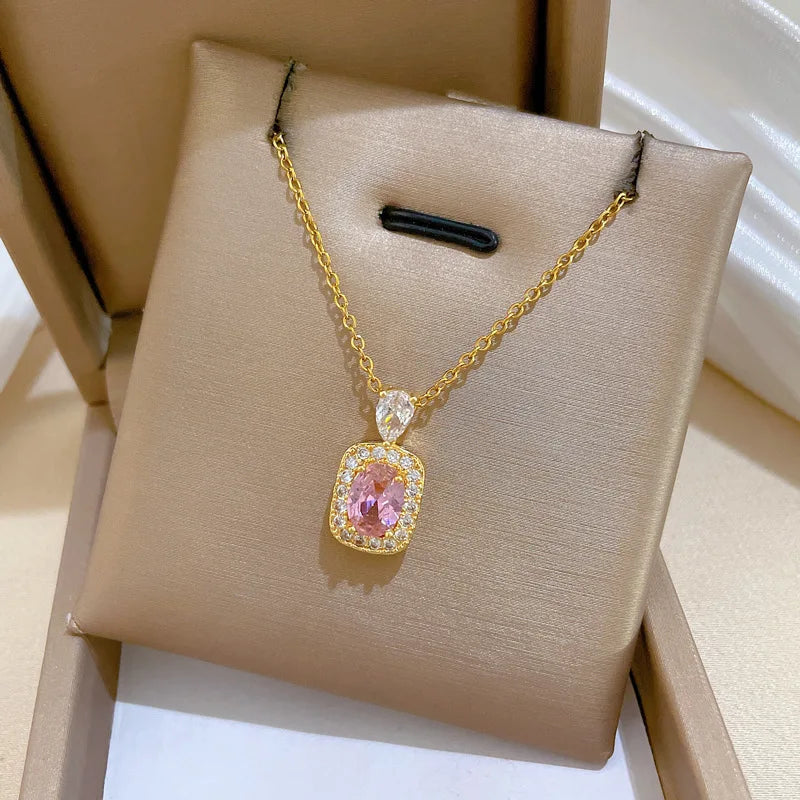316L Stainless Steel Pink Crystal Pearl Charm Necklace Earrings For Women Girl New Trend Non-fading Jewelry Set Gift