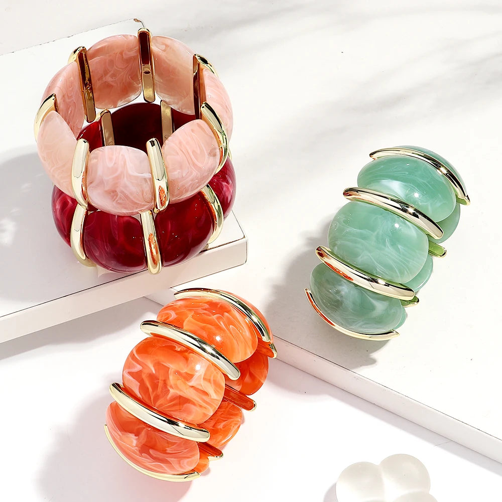 Fashion Acrylic Colorful Wide Elastic Geometric Petal Bangle Bracelets Exaggerate Curved Beads Cuff Bracelet Gifts for Women