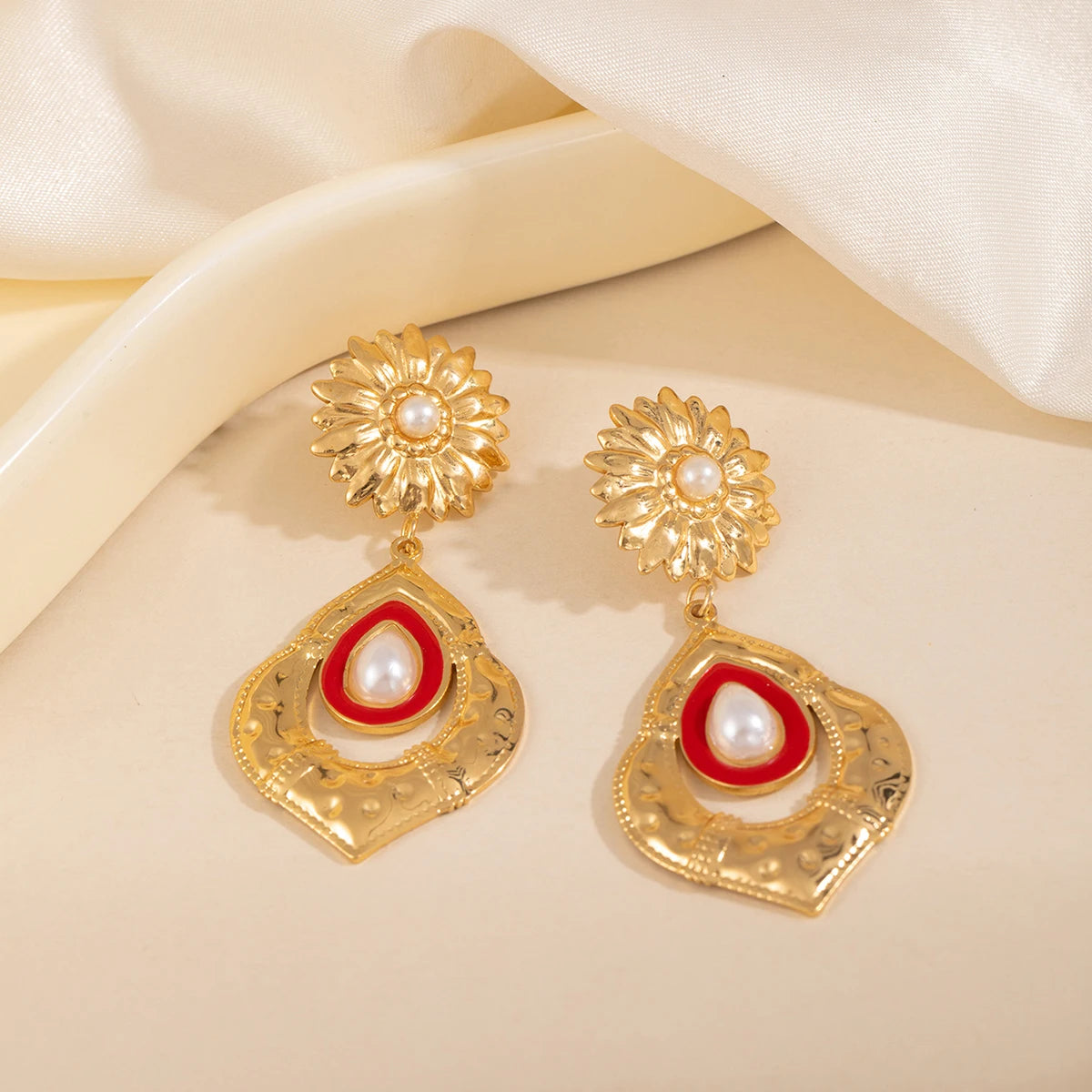 ANENJERY 316L Stainless Steel Flower Geometry Water Droplet Pearl Earrings For Women French Vintage Niche Lady Jewelry Gifts