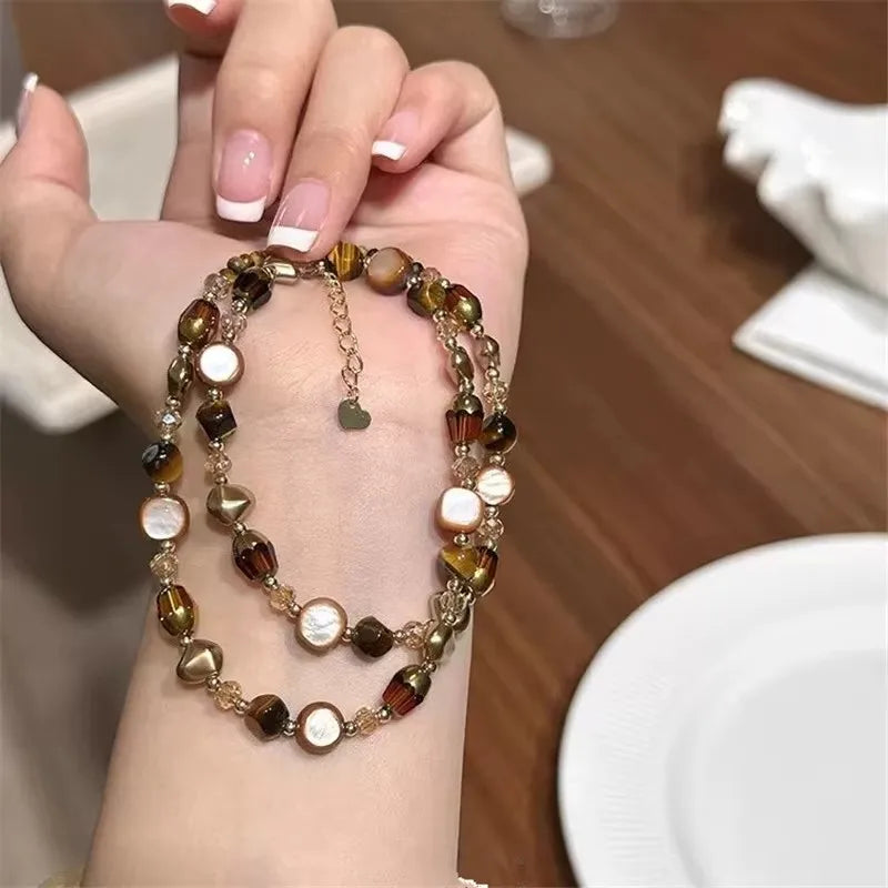 Vintage Handmade Brown Resin Stone Geometry Beaded Choker Clavicle Chain Necklace For Women Trendy Charm Neck Jewelry Gift