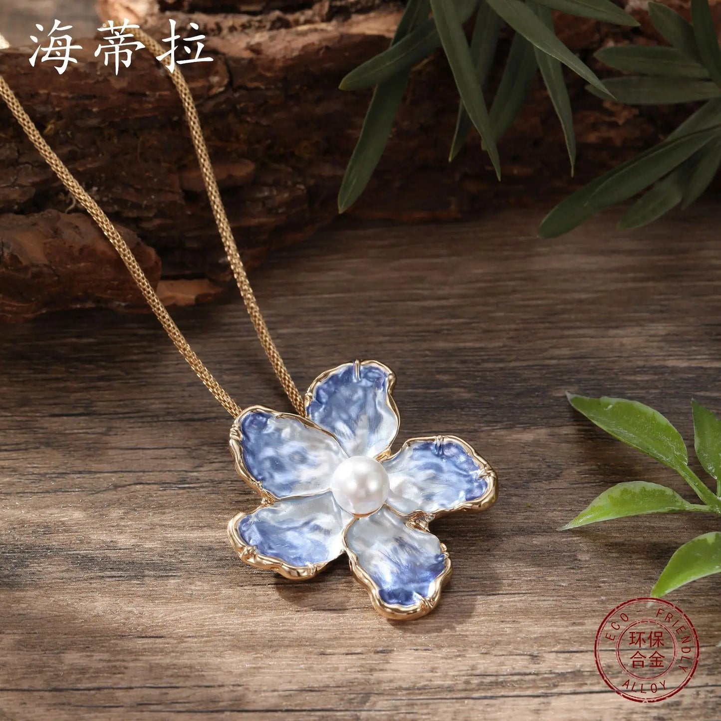 new blue enamel color camellia pendant, fashionable high sense women painting oil gradual change flower necklace