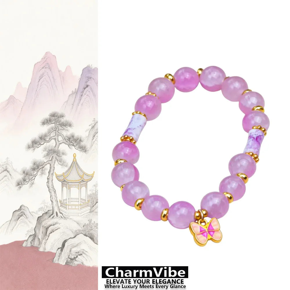 NEW Boho Butterfly Charm Bracelet for Women Light Purple Lavender Beaded Bracelets Vintage Gold Plated Fashion Jewelry Gift