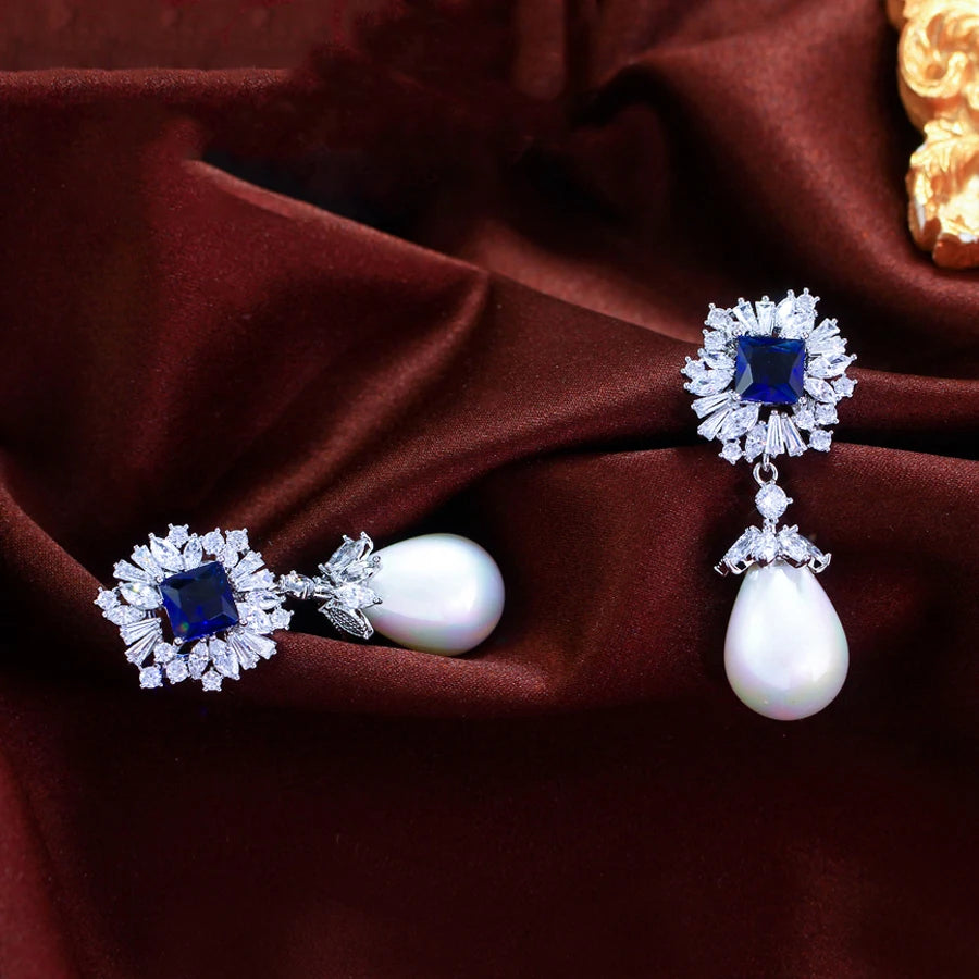 ThreeGraces Vintage Luxury Blue Square Zirconia Long Big Simulated Pearl Earrings for Women Fashion Bridal Party Jewelry E1969