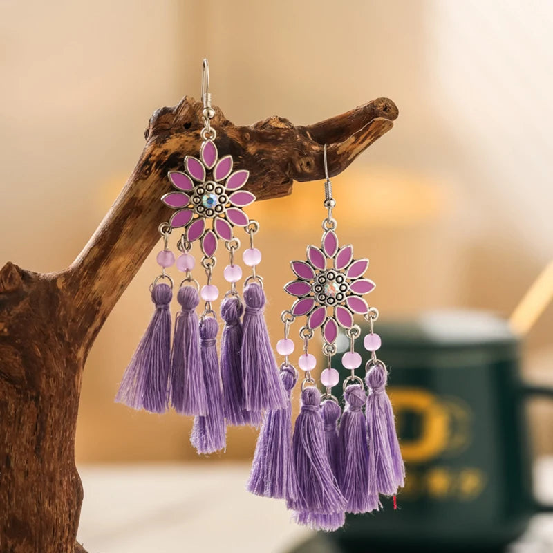 Classic Ethnic Tassel Earrings for Women Bohemian Enamel Flower Crystal Handmade Earring Female DailyVacation Jewelry