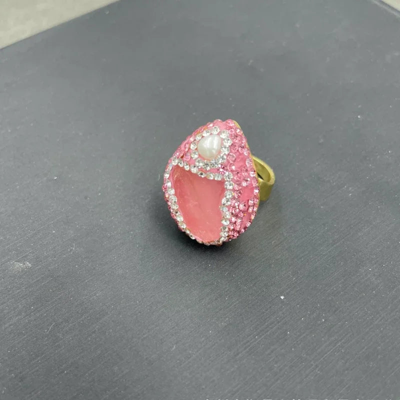 New Natural Gemstone Powder Crystal Original Stone Set for Women Rose Quartz Adjustable Ring Earrings Pendant Necklace 3 in 1