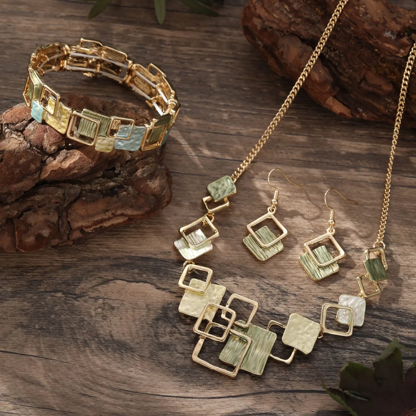 new color painting oil geometric square stud earrings bracelet necklace set, high-end women's jewelry set