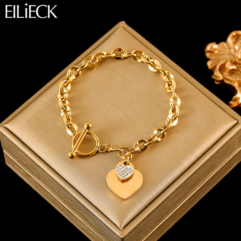 EILIECK 316L Stainless Steel Glossy Heart Charm Bracelet For Women Girl Trendy Wrist Chain 18K Gold Plated Jewelry Gift Bijoux