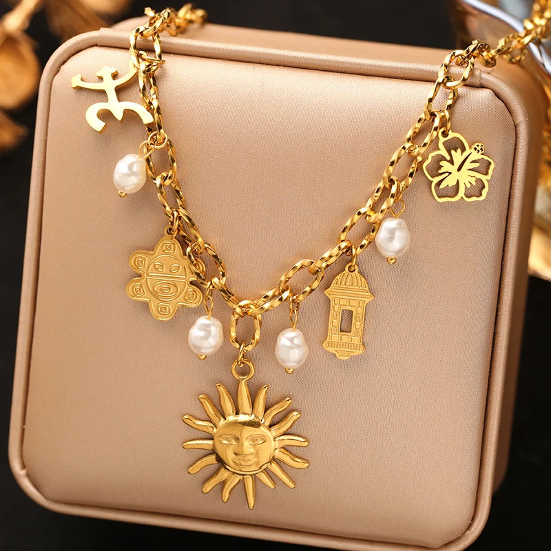 EILIECK 316L Stainless Steel Metal Gold Color Sun Moon Pendant Necklace Lady New Trendy Neck Chain Waterproof Jewelry Party Gift