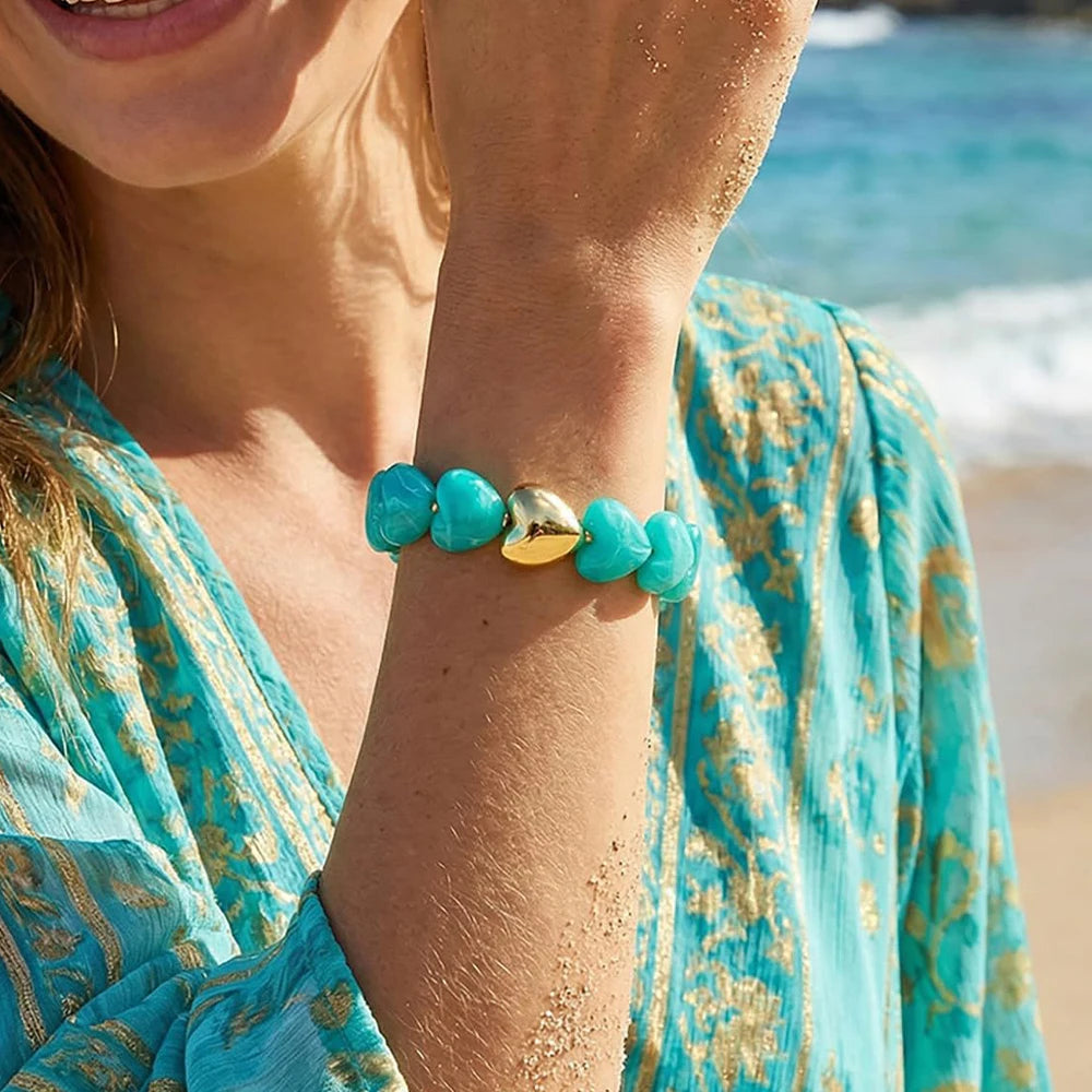 Multicolour Resin Heart Handmade Bracelet for Women Bohemia Style Stainless Steel Beads Statement Waterproof Jewelry Gifts