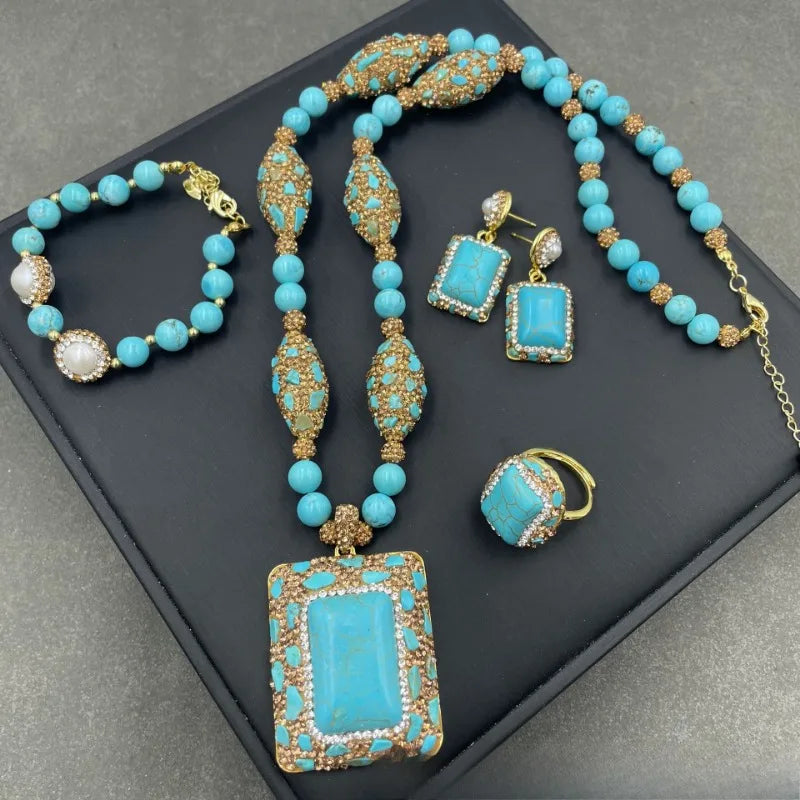 Turkish Natural Blue Turquoise Earrings Women Gemstone Rhinestone Crystal Jewelry Sets Party Wedding Dress Accessories Aretes