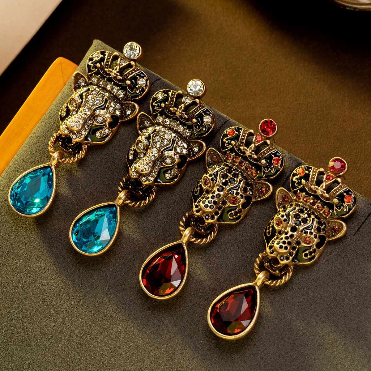 1 Pair of Vintage Retro Palace-Style Leopard Head Red and Blue Rhinestone Pendant Earrings, Niche Style, Suitable for Women's Daily Wear, Parties, and as a Gift