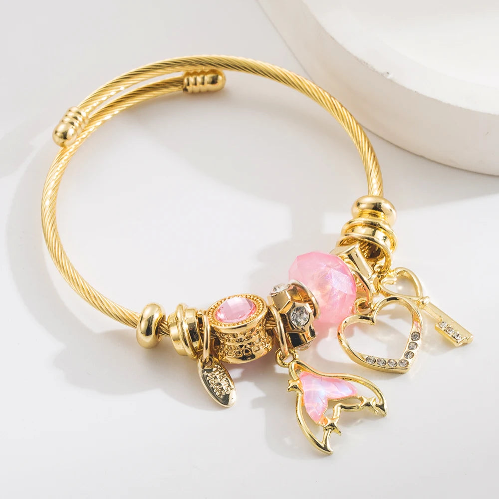 New DIY Pan Jia Duo La Bracelet with Diamond Fish Tail Heart Key Pendant Fairy Style Adjustable Couple Bracelet