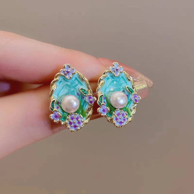 French Vintage Enamel Garden Pearl Earrings For Women Elegant Fashion Oil Drop Flower Stud Earrings Office Party Jewelry Gift