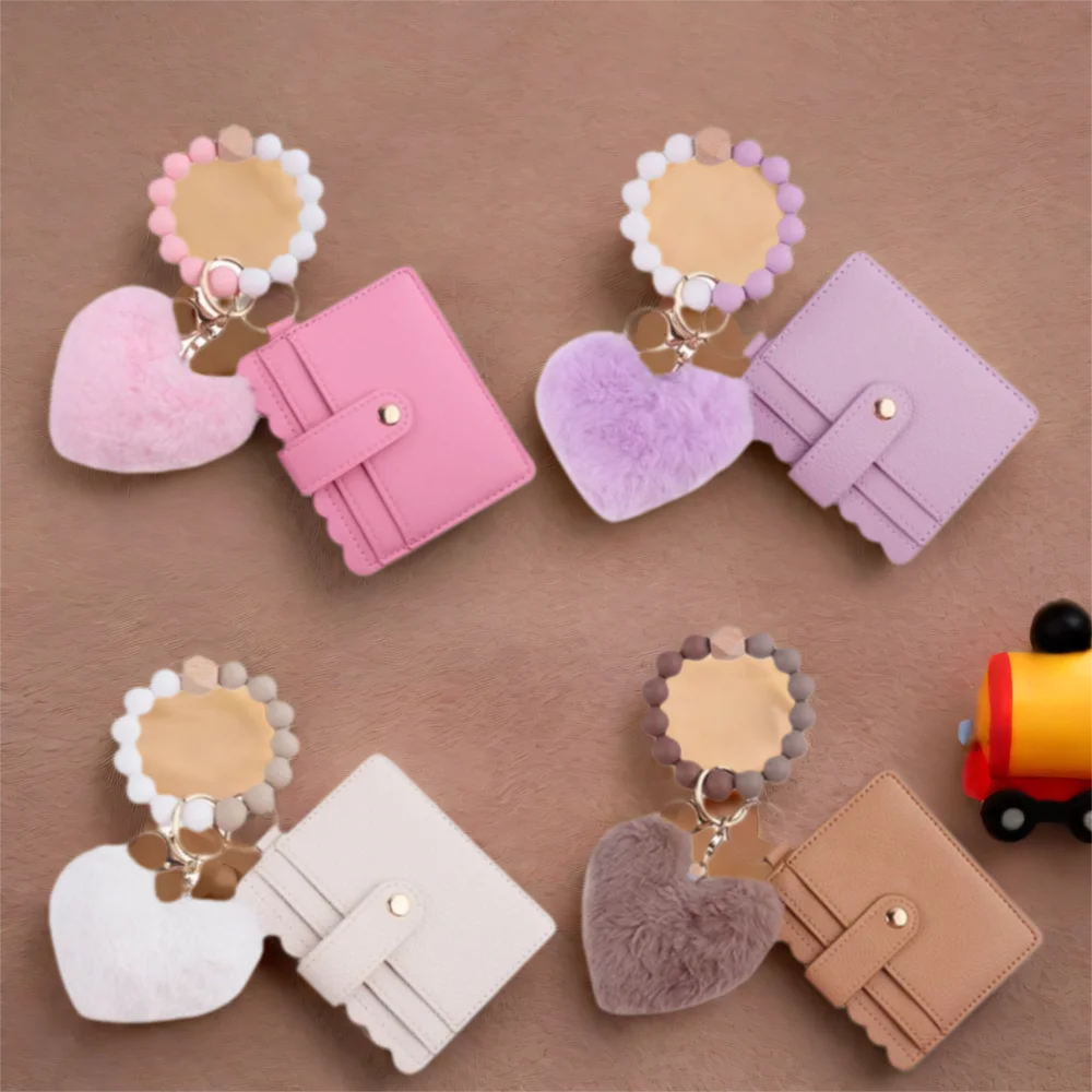 Solid Leather Leather Card Bag Keychain Tassel Design Silicone Beaded Wristlet Keychain Keychain Feature Wristlet Style