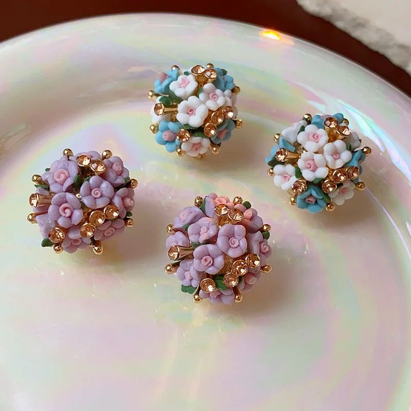 Pink Rhinestone Ceramic Flower Ball New in Stud Earrings for Women Temperament Versatile Earring Luxury Silver Jewelry Wholesale