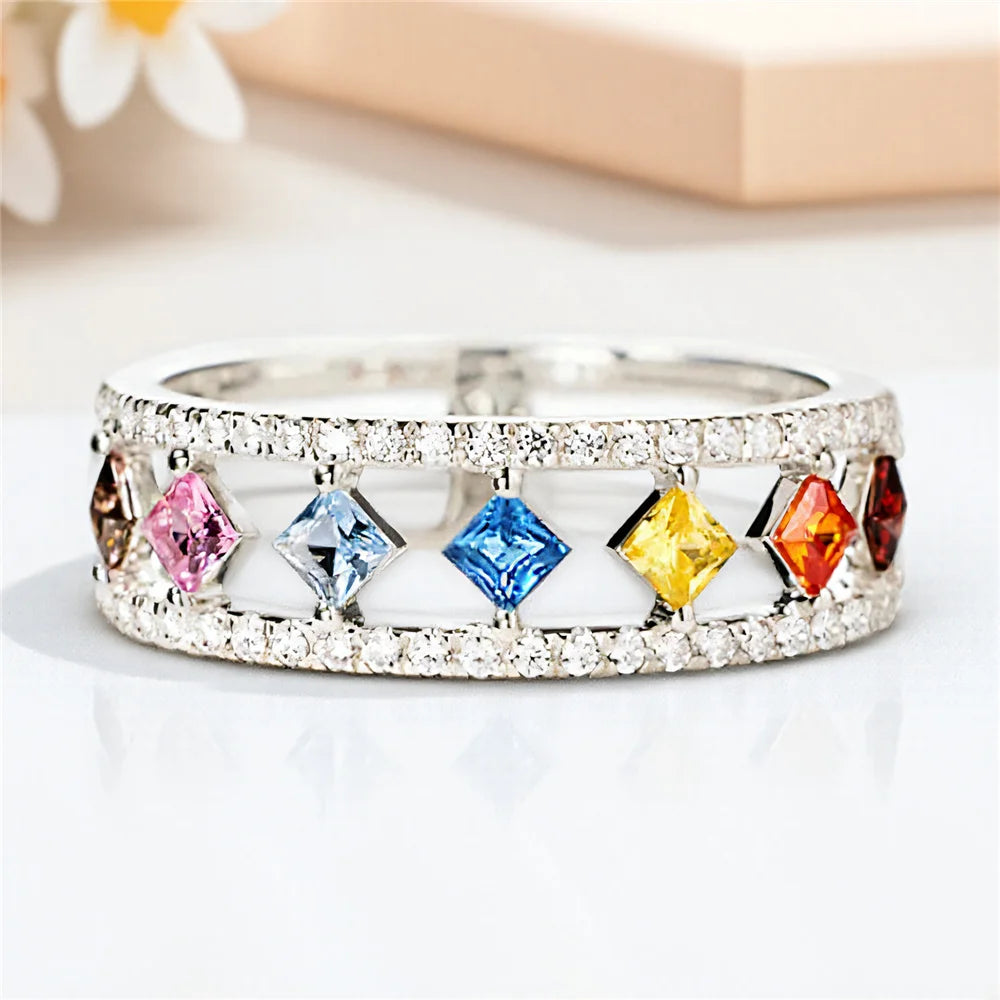 Cute Female Rainbow Zircon Stone Silver Color Wedding Jewelry Promise Love Engagement Rings For Women