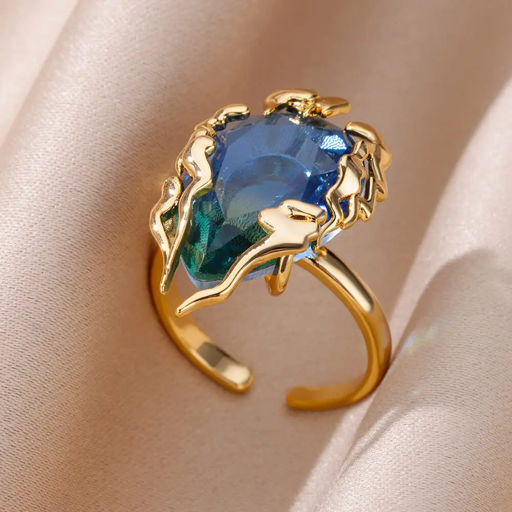 Stainless Steel Rings Gold Plated Colorful Stone Zircon Crystal Luxury Flower Ring For Women Wedding Jewelry Christmas Gift New