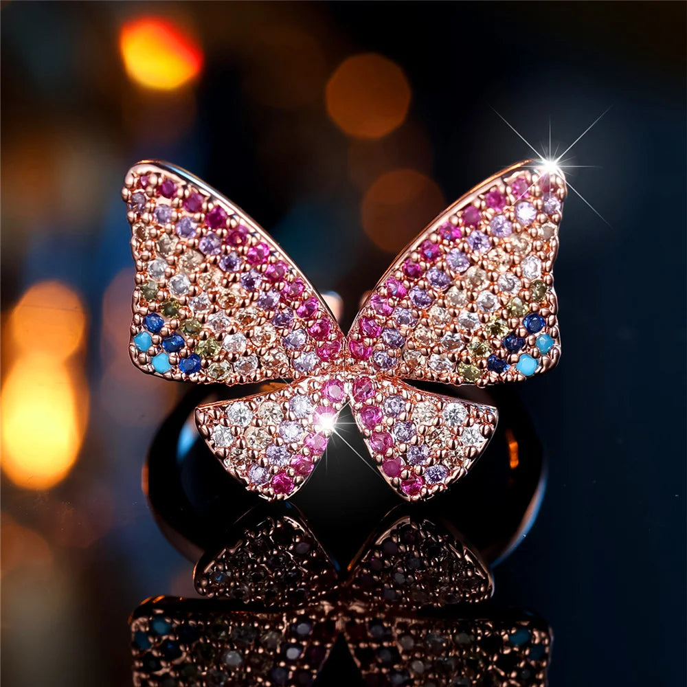Charm Female Rainbow Butterfly Stone Adjustable Open Ring Gold Silver Color Cute Gift Wedding Jewelry For Women