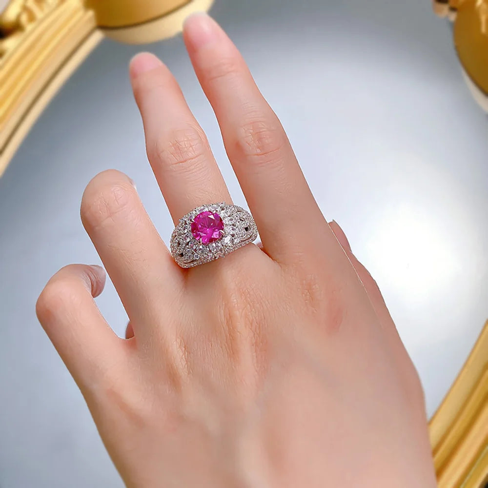 Vintage 100% 925 Sterling Silver 8mm Rose Red Ruby Rings for Women Gemstone Wedding Cocktail Party Fine Jewelry Anniversary Gift