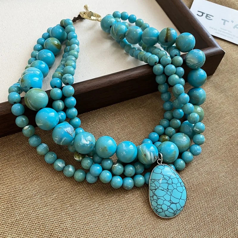 Multilayer Acrylic Beaded Necklaces Geometric Heart Pendant Turquoise Boho Vintage Ethnic Chokers Collarbone Chain Women Jewelry