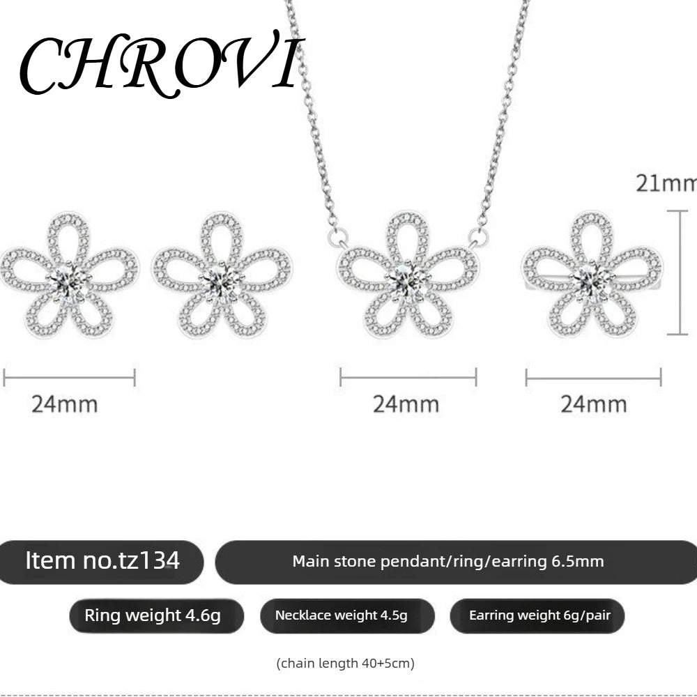 Sweet 925 sterling silver luxury full-diamond five-petal flower gemstone pendant ring earring three-piece jewelry set