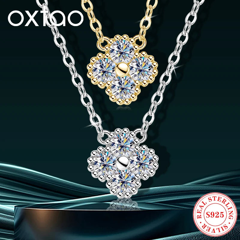 OXTAO Moissanite Necklace Ladies Elegant Four-Leaf Pendant Necklace with Certified 925 Silver Luxury Clover Wedding Jewelry Gift