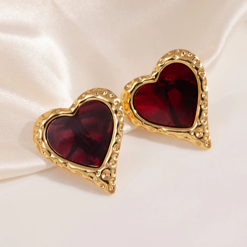 ANENJERY 316L Stainless Steel Ripple Metal Heart Earrings For Women Bohemia Niche Vintage Personality Delicate Jewelry Gifts