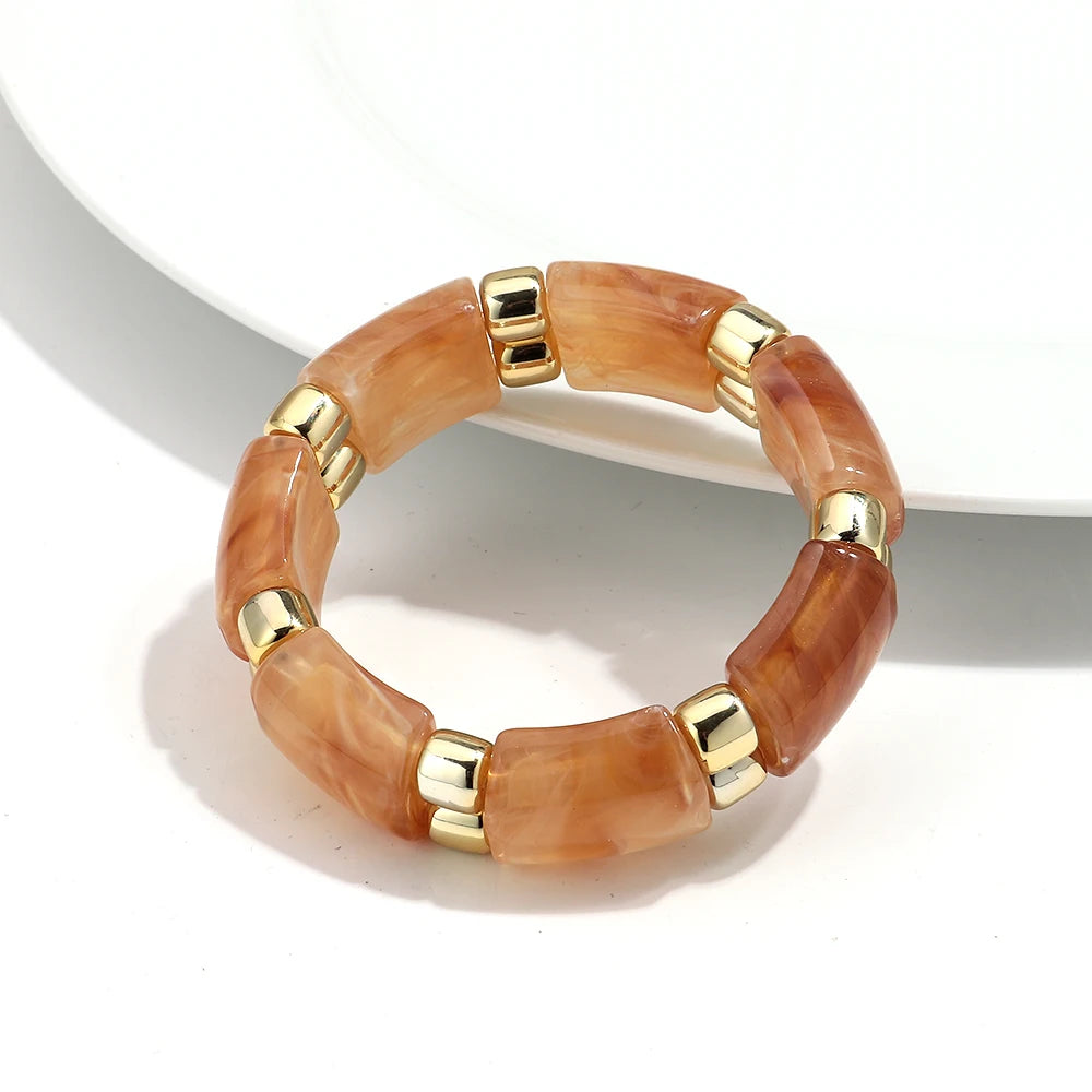 Vintage Acrylic Marbled Elastic Beads Bangle Bracelets for Women Fashion Golden CCB Round Beaded Cuff Bracelet Jewelry Gifts