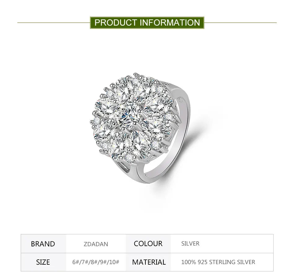ZDADAN 925 Sterling Silver Flower Amethyst Finger Ring For Christmas Women Party Jewelry Gift