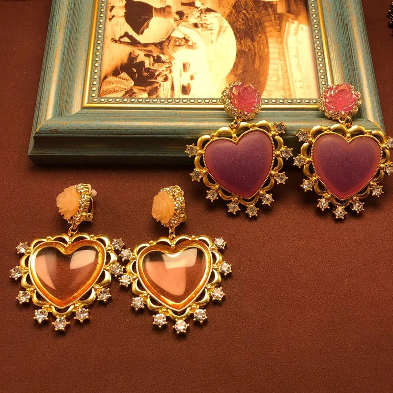 NISHIZAWA Gemstones Hearts Earrings for Women Palace Style Sweet Vintage Pendientes Mujer Fashion Elegant Simple Jewelry