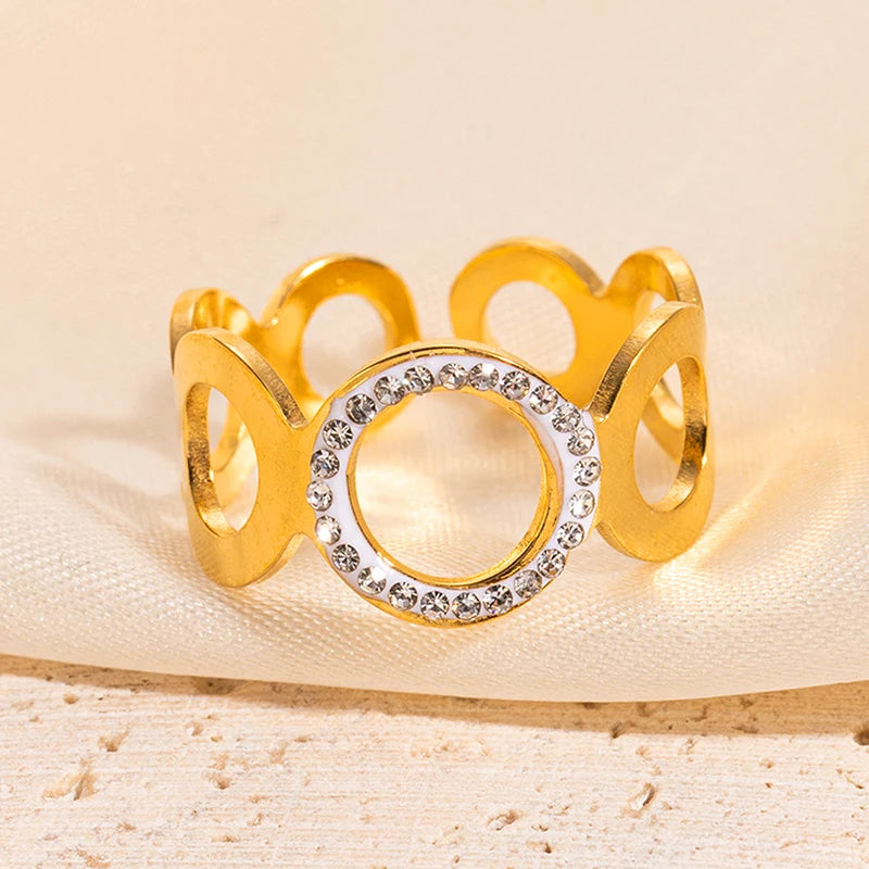 ANENJERY 316L Stainless Steel Turquoise Zircon Hollow Open Multi Layered Ring for Women Vintage Niche Jewelry Gifts Wholesale