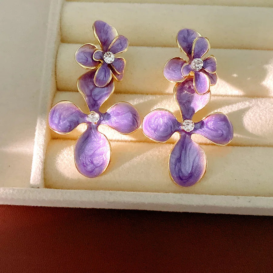 Double Layered Smudging Enamel Flower Drop Earrings for Women Vintage Shiny Rhinestones Dangle Earring Dating Party Jewelry N