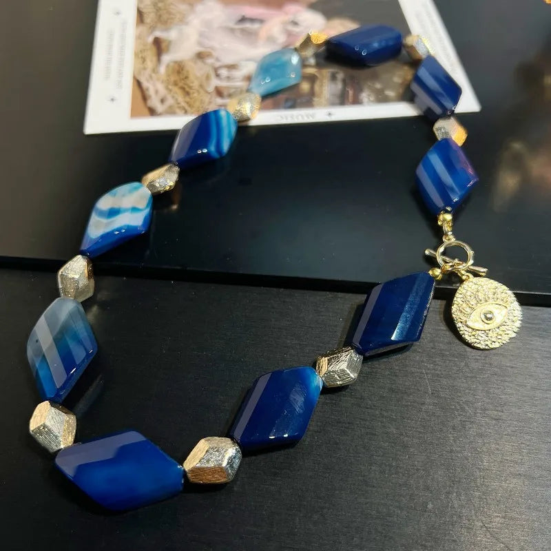 NISHIZAWA 2 Pieces Jewelry Sets Blue Agates Irregular Geometric Vintage Jewelry Palace Style Elegant Fashion Pendientes Mujer