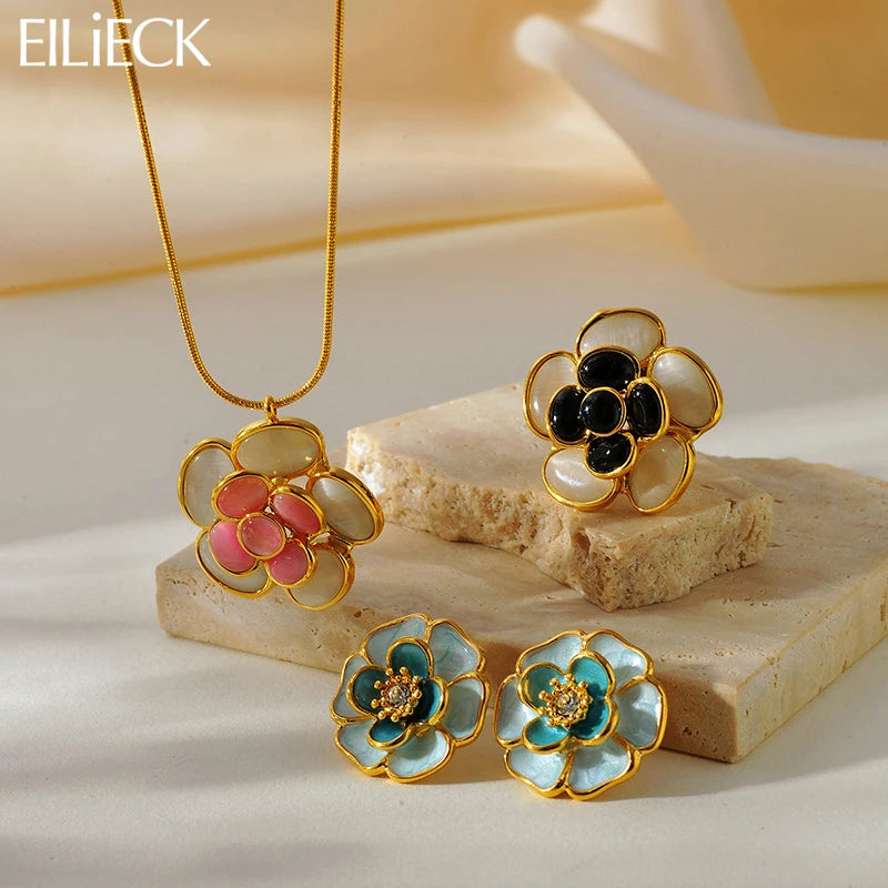 EILIECK 316L Stainless Steel Colorful Enamel Flower Necklace Earrings Ring Set For Women Trendy Waterproof Jewelry Lady Gift