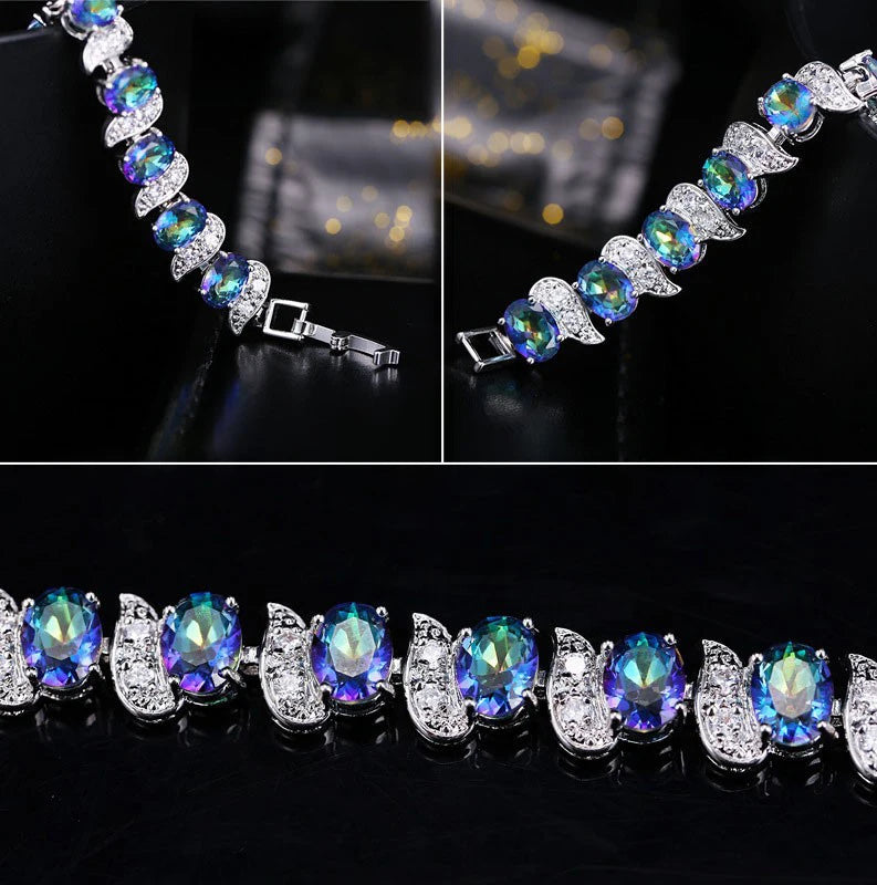 ThreeGraces Mystic Blue Cubic Zirconia Crystal Geometric Oval CZ Link Chain Bracelet for Women Fashion Party Jewelry BR364