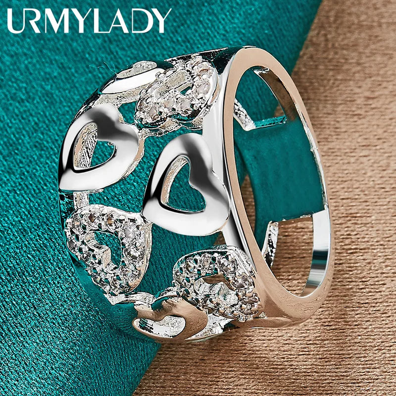 URMYLADY 925 Sterling Silver Hollow Smooth Heart Zircon Charm 7-10# Ring For Women Wedding Engagement Fashion Jewellery