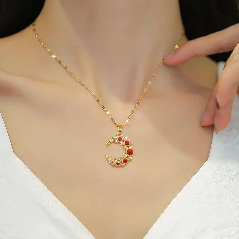 316L Stainless Steel Bending Moon Pendant Necklace For Women Girl New Trend Gold Color Crystal Neck Chain Jewelry Gift
