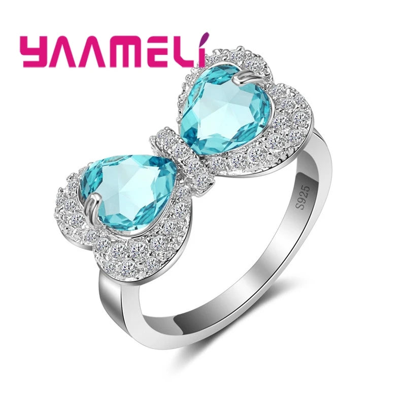 Popular Sweet Bowknot Shape Shininy Crystals 925 Sterling Silver Color Finger Rings For Girls Best Gifts Trendy Bague Jewelry