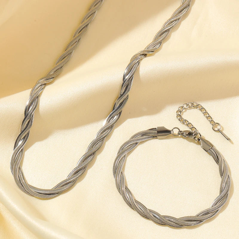 EILIECK 316L Stainless Steel Metal Cross Woven Chain Necklace Bracelet Set For Women Fashion Statement Waterproof Jewelry Gift