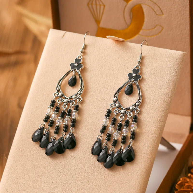 New Bohemian Long Rice Bead Water Drop Earrings for Women Ethnic Retro Drop Oil Hollow Dangle Earrings Vacation Party Jewelry