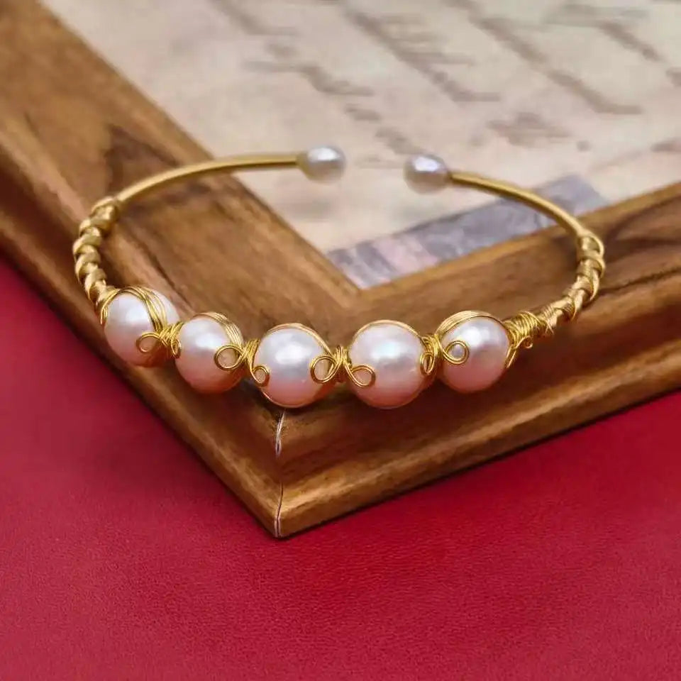 Handmade Open Bracelet with Natural Freshwater Pearls, Forest-Inspired Adjustable Wristband, Authentic Instagram Fairytale Style