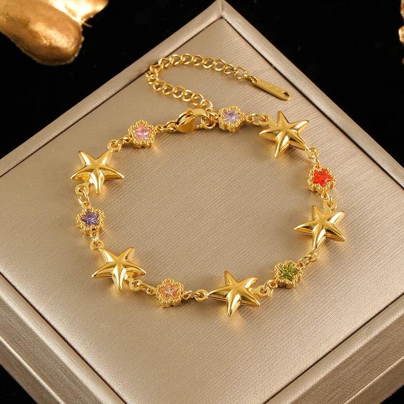 EILIECK 316L Stainless Steel Colorful Star Zircon Charm Bracelet Gold Color Jewelry Trendy Metal Texture Accessories for Women
