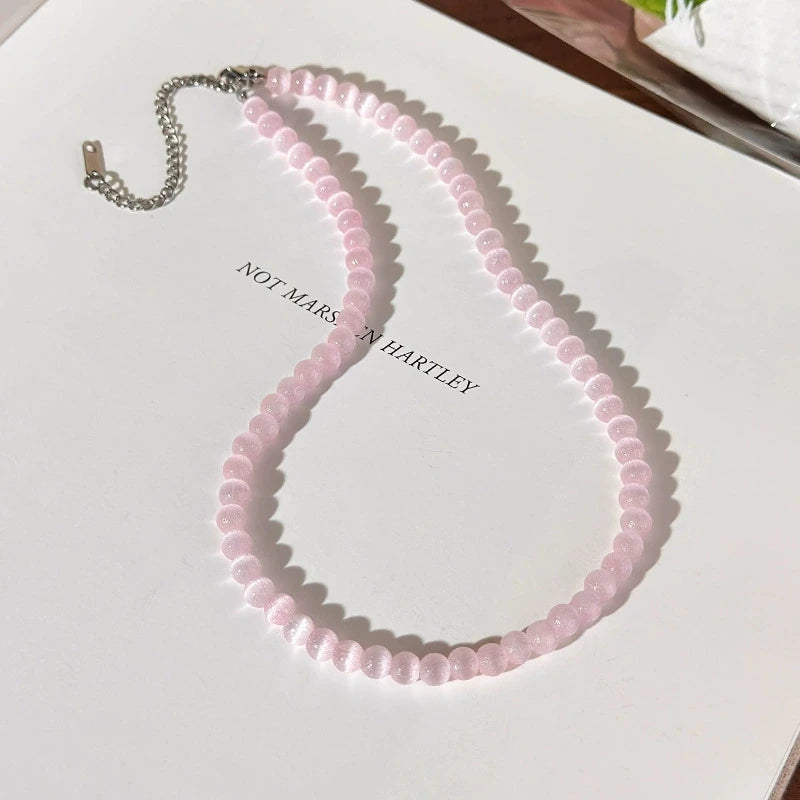 2026 Summer Trendy Candy Color Crystal Opal Beaded Cat's Eye Stone Bead Choker Necklace For Women Fashion Aesthetic Accessories