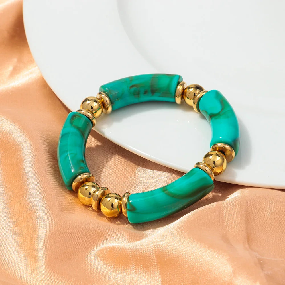 New Design Acrylic Gold Color Beads Chunky Bamboo Bracelets for Women Resin Curved Tube Stretchy Bangle 2024 Fashion Jewelry