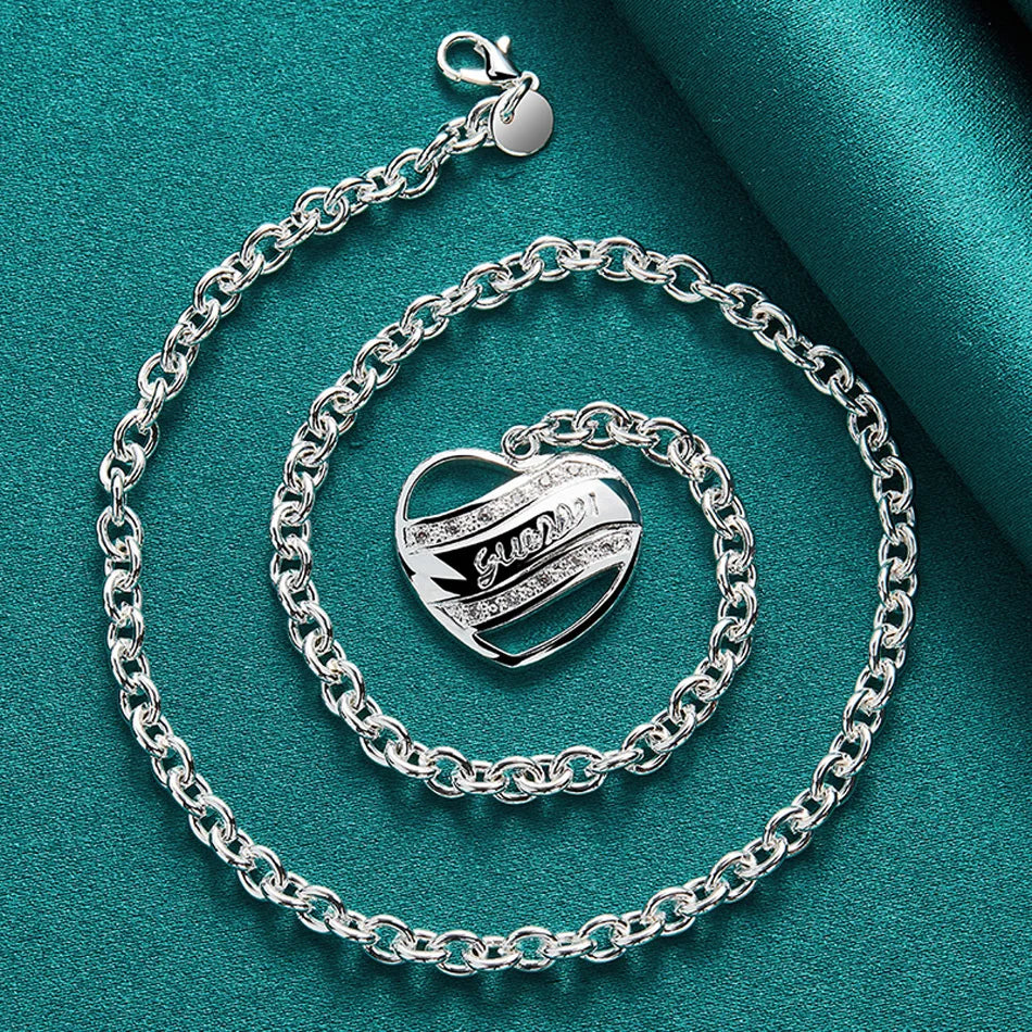 URMYLADY 925 Sterling Silver Love Heart 18 Inch Pendant Necklace For Women Wedding Engagement Fashion Party Jewelry