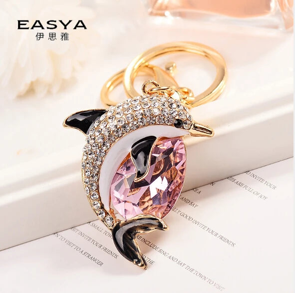 Fashion Rhinestone Crystal Metal Keychain Lovely Cartoon Marine Style Tortoise Fish Dolphin Keyring HandBag Car Pendant Gift