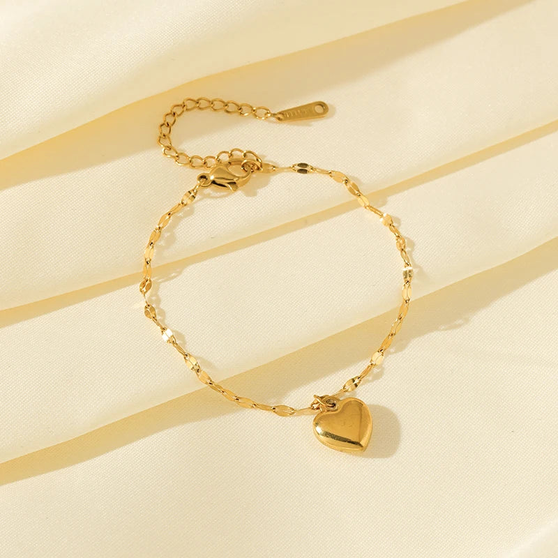 EILIECK New Fashion Heart Love Charm Bracelet For Women Trendy Wrist Chain Stainless Steel Metal Jewelry Bangles Lady Gift
