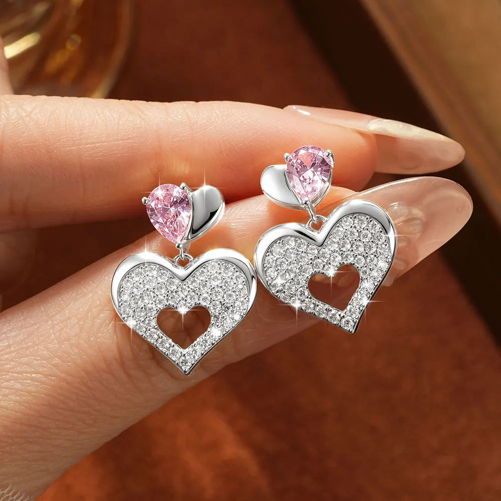 OXTAO Pink Heart-shaped Drop Earrings Sweet Moissanite &CZ Lab Imitation Diamond 14K Gold Filled  for Women Luxury Jewelry