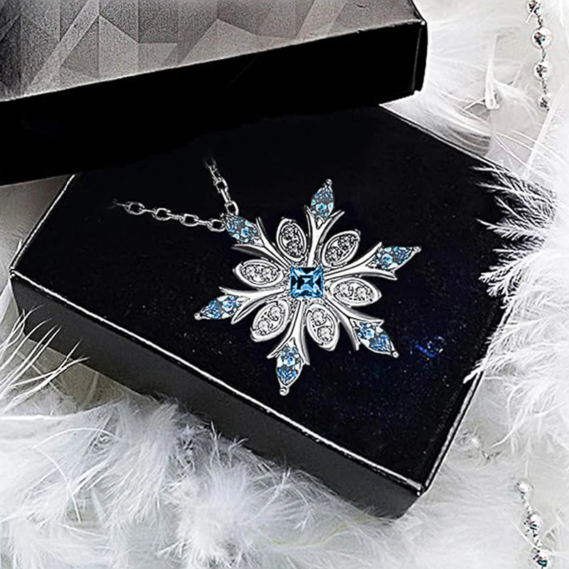 Huitan Christmas Snowflake Pendant Necklace Lady Chic Bright White&Blue Zirconia Accessories Exquisite New Year's Gift Jewelry