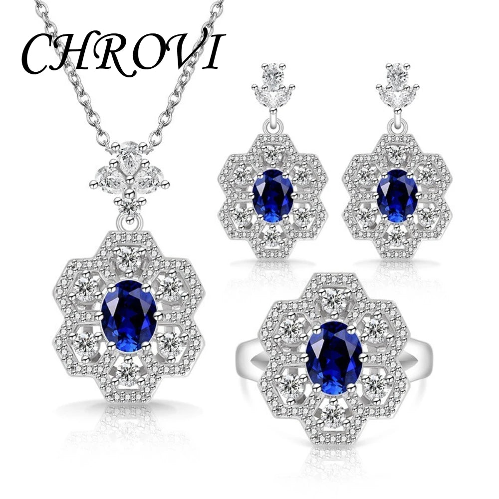 Exquisite 925 sterling silver popular flower-shaped diamond-set pendant necklace, ring, earring set jewelry set